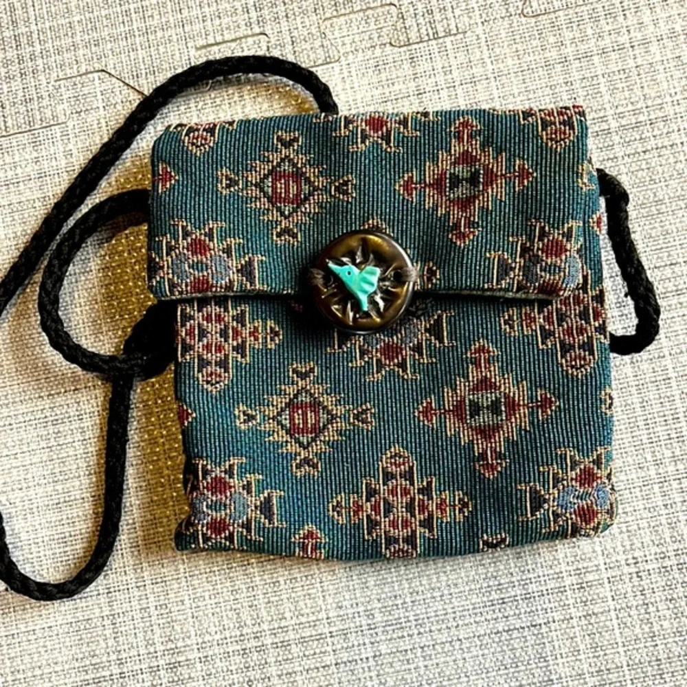 Kokopelli Carpet Cross-Body Purse. Braided Black Strap - Picture 1 of 6
